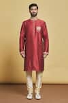 Arihant Rai Sinha_Maroon Silk Embroidery Thread Collar Kurta Set_Online_at_Aza_Fashions