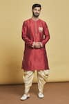 Shop_Arihant Rai Sinha_Maroon Silk Embroidery Thread Collar Kurta And Dhoti Pant Set _Online_at_Aza_Fashions