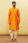 Arihant Rai Sinha_Orange Silk Embroidery Thread Placket Kurta And Dhoti Pant Set _Online_at_Aza_Fashions