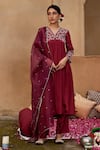 Buy_Seher Jaipur_Maroon Muslin Silk Embroidered Floral V Neck Ruhi Kurta Pant Set _at_Aza_Fashions