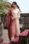 Buy_Seher Jaipur_Peach Muslin Silk Embroidered Floral V Neck Sama Kurta Pant Set _at_Aza_Fashions