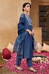 Seher Jaipur_Blue Muslin Silk Embroidered Floral V Neck Saba Kurta Pant Set _Online_at_Aza_Fashions