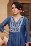 Seher Jaipur_Blue Muslin Silk Embroidered Floral V Neck Saba Kurta Pant Set _at_Aza_Fashions