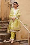 Seher Jaipur_Yellow Muslin Silk Embroidered Lace V Neck Mariya Kurta Pant Set _Online_at_Aza_Fashions