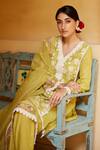 Seher Jaipur_Yellow Muslin Silk Embroidered Lace V Neck Mariya Kurta Pant Set _at_Aza_Fashions