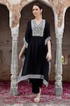 Buy_Seher Jaipur_Black Muslin Silk Embroidered Floral V Neck Fiza Long Kaftan And Pant Set _at_Aza_Fashions