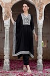 Seher Jaipur_Black Muslin Silk Embroidered Floral V Neck Fiza Long Kaftan And Pant Set _Online_at_Aza_Fashions