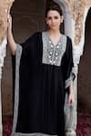 Seher Jaipur_Black Muslin Silk Embroidered Floral V Neck Fiza Long Kaftan And Pant Set _at_Aza_Fashions