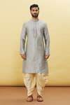 Arihant Rai Sinha_Grey Silk Embroidery Thread Placket Floral Kurta And Dhoti Pant Set _Online_at_Aza_Fashions