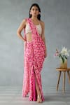 Buy_Zamoraa The Label_Pink Saree Georgette Print Geometric Flora Scoop Pre-draped With Blouse _at_Aza_Fashions