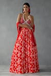 Buy_Zamoraa The Label_Red Skirt Georgette Print Geometric Blossom Floral Graphic Lehenga Blouse Set _at_Aza_Fashions