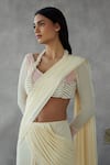 Shop_Mukta Sabharwal_Cream Saree Georgette Crepe Embroidery Pearls V Pre-draped With Tassel Blouse _at_Aza_Fashions