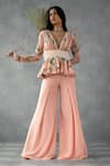 Shop_Zamoraa The Label_Pink Georgette Crepe Print Botanic Floral Embellished Peplum Tunic With Pant _at_Aza_Fashions