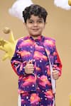 Little Shiro_Purple 100% Cotton Satin Dusk Is An Illusion Cloudy Print Bundi Kurta Set _at_Aza_Fashions