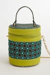 Buy_The Garnish Company_Green Tile Trillium Mirror Work Cylinder Bag _at_Aza_Fashions