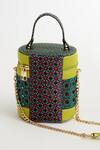 Shop_The Garnish Company_Green Tile Trillium Mirror Work Cylinder Bag _Online_at_Aza_Fashions