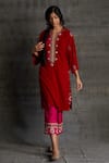Buy_Bo tree_Magenta Kurta: Velvet Embroidered Zari Notched Ulfat And Pant Set For Women_at_Aza_Fashions