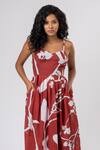 Doodlage_Maroon Cotton, Linen Sweetheart Neck Flora Garden Pattern Back Bow Dress _Online_at_Aza_Fashions