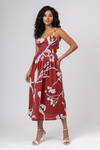 Buy_Doodlage_Maroon Cotton, Linen Sweetheart Neck Flora Garden Pattern Back Bow Dress _Online_at_Aza_Fashions