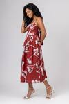 Shop_Doodlage_Maroon Cotton, Linen Sweetheart Neck Flora Garden Pattern Back Bow Dress _Online_at_Aza_Fashions