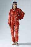 Buy_KLAD_Red Satin Printed Abstract Floral Collar Shirt And Pant Co-ord Set _at_Aza_Fashions