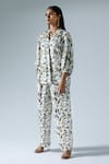 Buy_KLAD_White Satin Printed Abstract Geometric Puff Sleeve Shirt And Pant Co-ord Set _at_Aza_Fashions