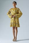 Buy_KLAD_Yellow Satin Printed Abstract Geometric Round Shift Dress _at_Aza_Fashions