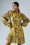 KLAD_Yellow Satin Printed Abstract Geometric Round Shift Dress _Online_at_Aza_Fashions