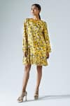 Buy_KLAD_Yellow Satin Printed Abstract Geometric Round Shift Dress _Online_at_Aza_Fashions