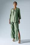 Buy_KLAD_Green Silk Plain Notched Collar Shirt And Slit Pant Co-ord Set _at_Aza_Fashions