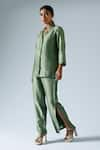 Shop_KLAD_Green Silk Plain Notched Collar Shirt And Slit Pant Co-ord Set _Online_at_Aza_Fashions