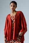 KLAD_Red Silk Plain Front Open Asymmetric Jacket _Online_at_Aza_Fashions