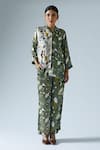 Buy_KLAD_Green Satin Printed Abstract Floral Mandarin Shirt And Slit Pant Co-ord Set _at_Aza_Fashions