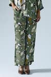 KLAD_Green Satin Printed Abstract Floral Mandarin Shirt And Slit Pant Co-ord Set _Online_at_Aza_Fashions