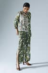 Buy_KLAD_Green Satin Printed Abstract Floral Mandarin Shirt And Slit Pant Co-ord Set _Online_at_Aza_Fashions