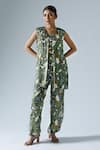 Buy_KLAD_Green Satin Printed Abstract Floral Round Jacket With Slit Pant Co-ord Set _at_Aza_Fashions