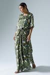 Buy_KLAD_Green Satin Printed Floral Lapel Collar Asymmetrical Crop Top And Skirt Set _at_Aza_Fashions