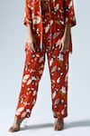 KLAD_Red Satin Printed Abstract Floral Round Jacket With Slit Pant Set _Online_at_Aza_Fashions