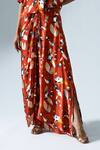 KLAD_Red Satin Printed Floral Lapel Asymmetrical Crop Top And Skirt Set _Online_at_Aza_Fashions