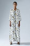 KLAD_White Crepe Printed Floral Stand Collar Longline Jacket Pant Set _Online_at_Aza_Fashions