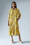 KLAD_Yellow Crepe Printed Abstract Floral Collar Cuffed Sleeve Dress _Online_at_Aza_Fashions