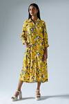 Shop_KLAD_Yellow Crepe Printed Abstract Floral Collar Cuffed Sleeve Dress _Online_at_Aza_Fashions