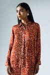 KLAD_Red Satin Printed Wave Collared Button Down Shirt Pant Set _Online_at_Aza_Fashions