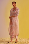 Shop_Label Mansi Nagdev_Ivory Chanderi Printed Floral V Neck Asma Straight Kurta Trouser Set _Online_at_Aza_Fashions