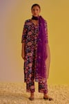 Buy_Label Mansi Nagdev_Purple Chanderi Printed Floral V Neck Asma Straight Kurta Trouser Set_at_Aza_Fashions
