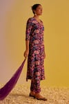 Shop_Label Mansi Nagdev_Purple Chanderi Printed Floral V Neck Asma Straight Kurta Trouser Set_at_Aza_Fashions
