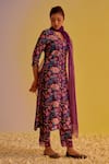 Buy_Label Mansi Nagdev_Purple Chanderi Printed Floral V Neck Asma Straight Kurta Trouser Set_Online_at_Aza_Fashions