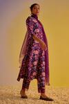 Shop_Label Mansi Nagdev_Purple Chanderi Printed Floral V Neck Asma Straight Kurta Trouser Set_Online_at_Aza_Fashions