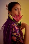 Label Mansi Nagdev_Purple Chanderi Printed Floral V Neck Asma Straight Kurta Trouser Set_at_Aza_Fashions