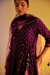 Label Mansi Nagdev_Purple Chanderi Printed Floral V Neck Zubaida Angarkha Anarkali Trouser Set _Online_at_Aza_Fashions